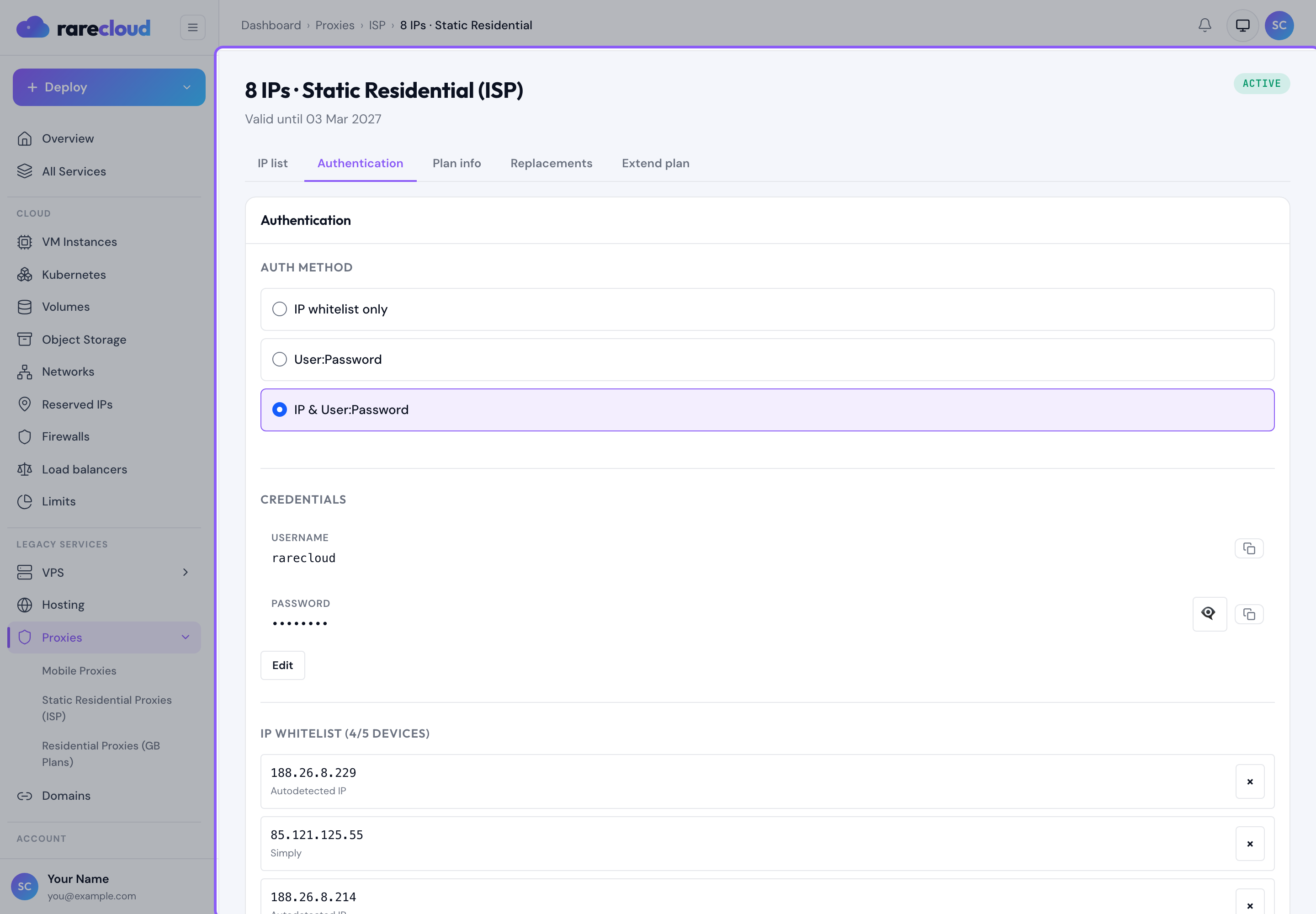 The Authentication tab, with username and password and the IP whitelist