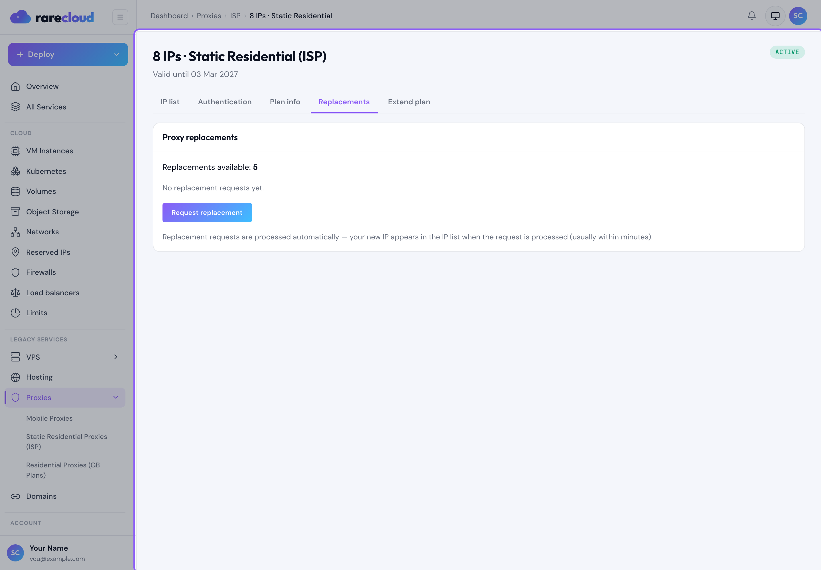 The Replacements tab, where an IP can be swapped and a new location chosen