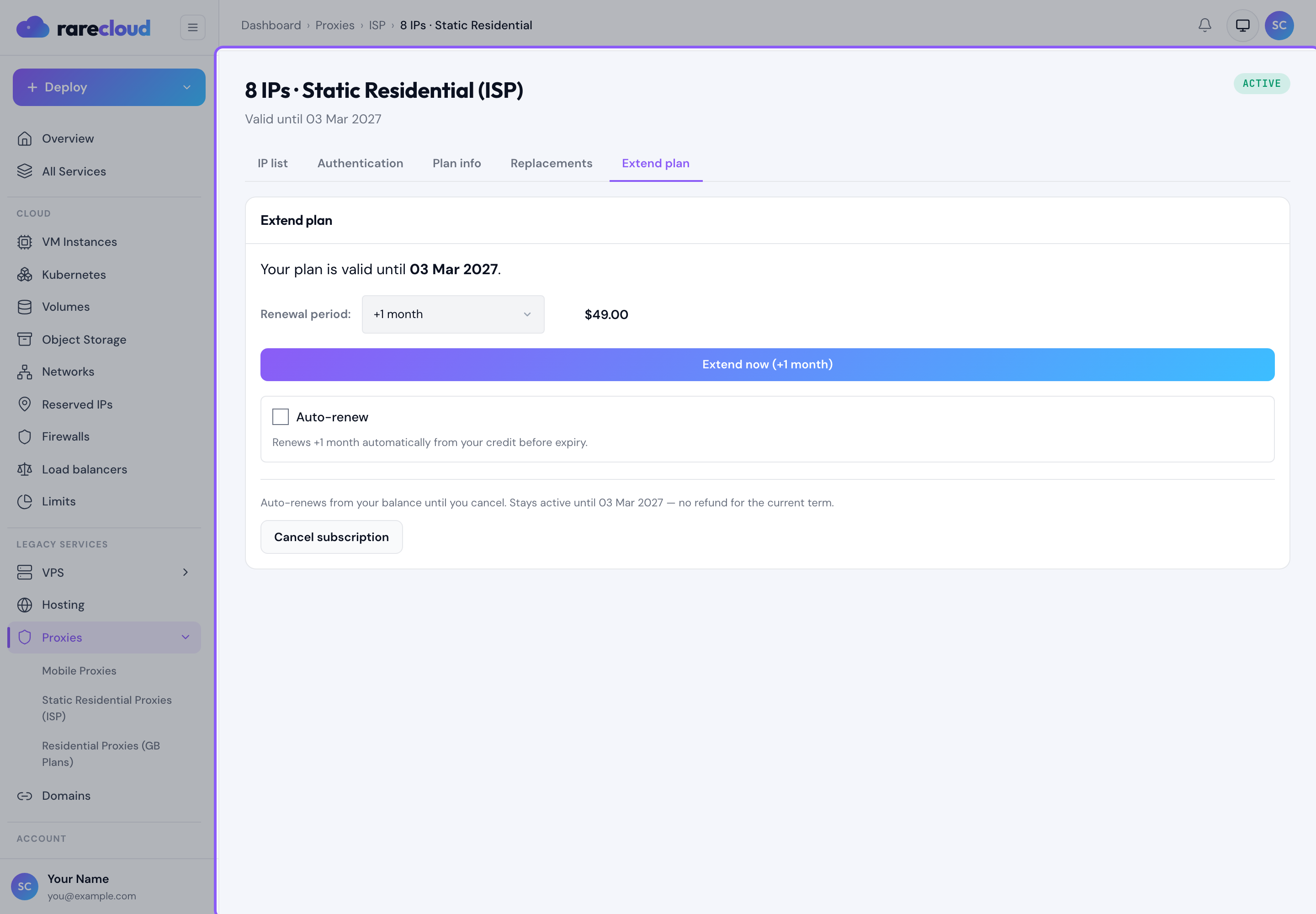 The Extend plan tab