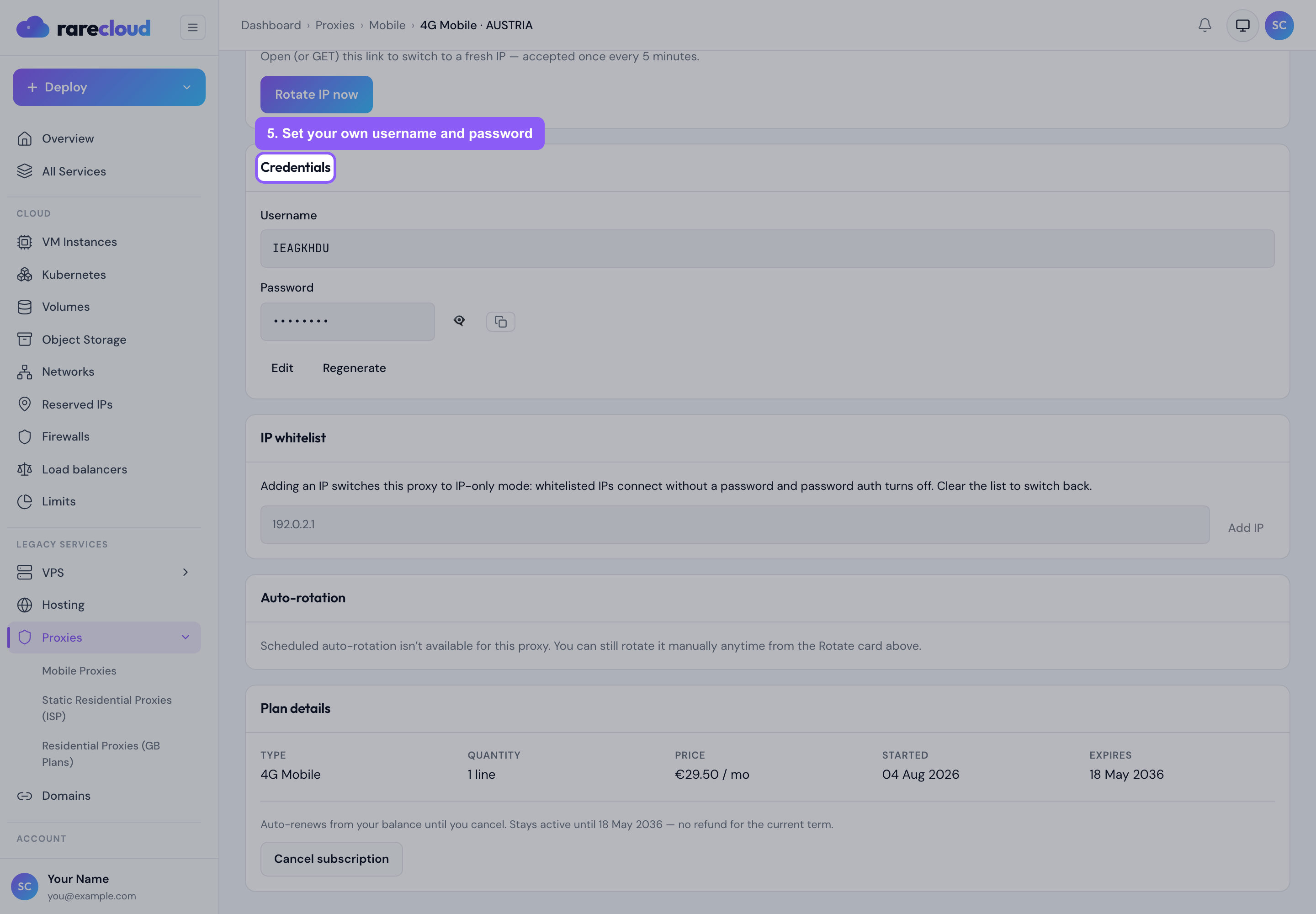 Setting your own username and password on a mobile line